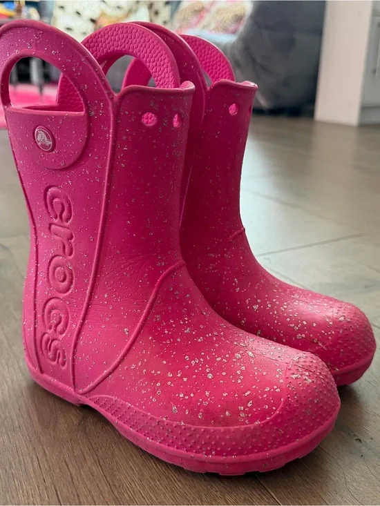 CROCS Kids Handle It Pink Crush Glitter Rain Boots