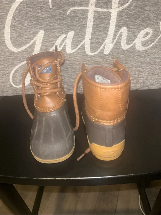 Sperry Kids Brown Leather and Gray Duck Boots with Tan Sole