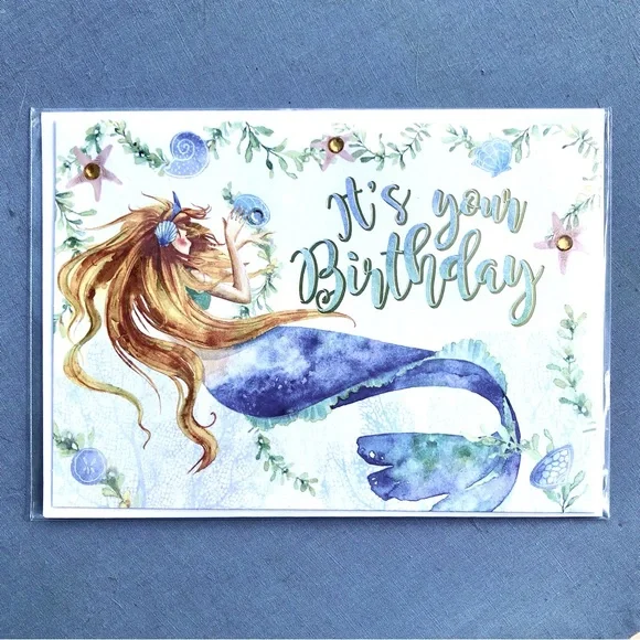 Punch Studio Single(1) 3D Embellished Birthday Mermaid Card Env+Seal 5x7 (62660)