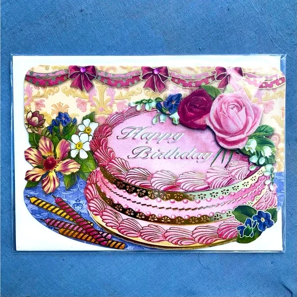 Punch Studio Single(1) 3D Die-Cut Floral Birthday Cake Card Env+Seal 5x7 (66844)
