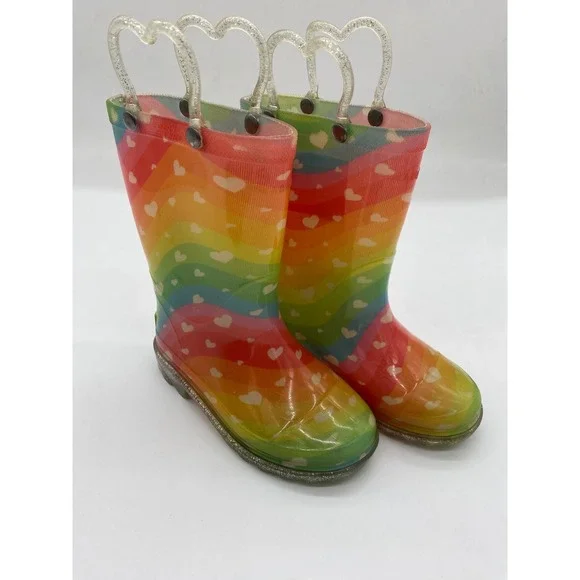 Western Chief Kids Heart Waves Lighted Rainbow Rain Boots Glitter Handles Size 9