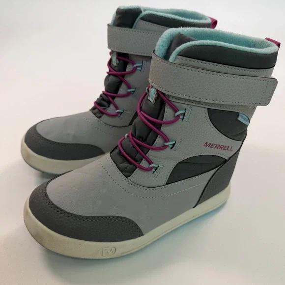 Merrell Waterproof Snow Boots Girls Grey Purple Insulated Winter Shoes Size 2