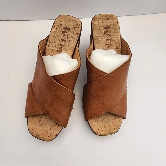 Korks Tan Crossover Studded Platform Clog Sandals Wood Block Heel Retro Boho Sz6