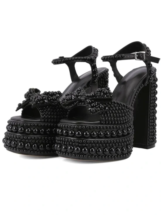 Pearl-Embellished Black Platform Sandal with Ankle Strap