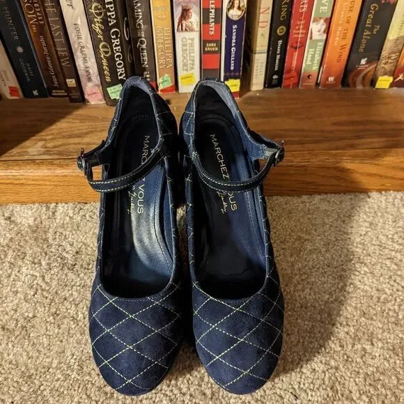 MARCHEZ Vous quilted blue suede thick heel ankle strap platform shoes sz 9.5 euc