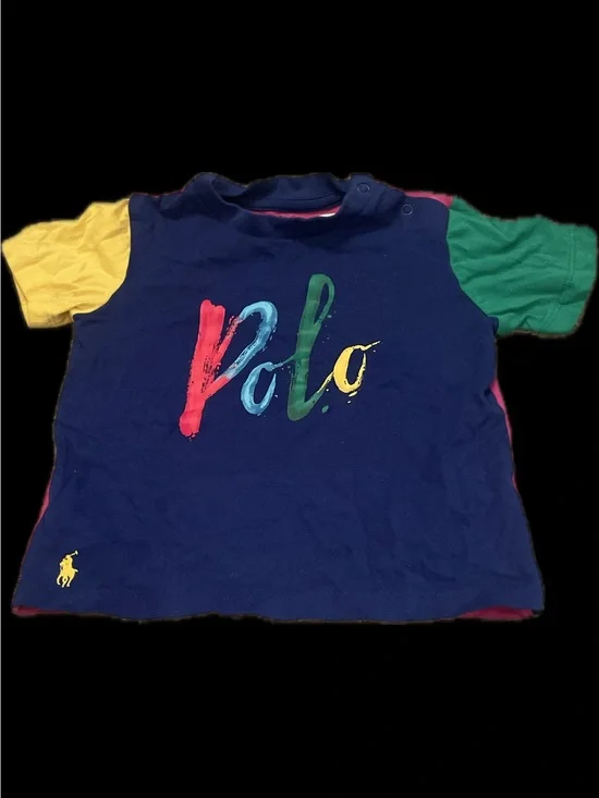 Ralph Lauren Navy Multicolor 'Polo' Script Yellow/Green Sleeves Size 9Months