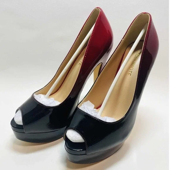 Womens MERUMOTE Peep Toe Platform Pumps Burgundy Black Ombre High‎ Heel Shoes