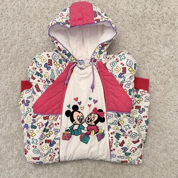 Disney Vintage Mickey & Minnie Hooded Full Zip Snowsuit 18M Alphabet White/Pink