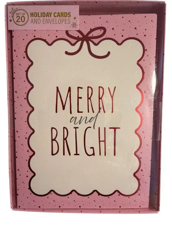 Set 20 Merry Bright Holiday Greeting Cards Envelopes Pink Red Bows Polka Dot NEW