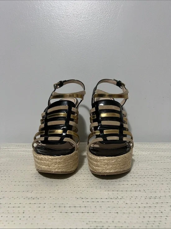 Yves Saint Laurent Black and Gold Strappy Espadrille Platform Sandals