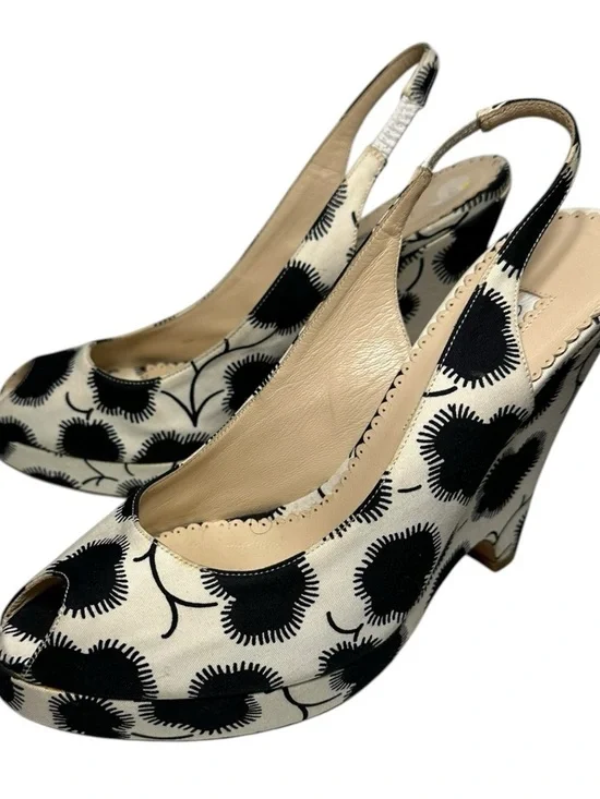 Oscar de la Renta Women’s 37.5 7.5 Black Cream Floral Slingback Platform Wedges