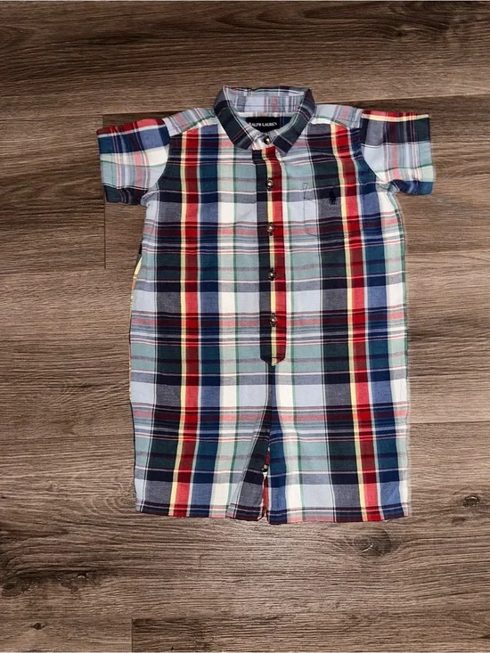 RL Baby Boy Navy Blue Plaid Cotton Romper Poplin Button Tag Detail 18-24 Months