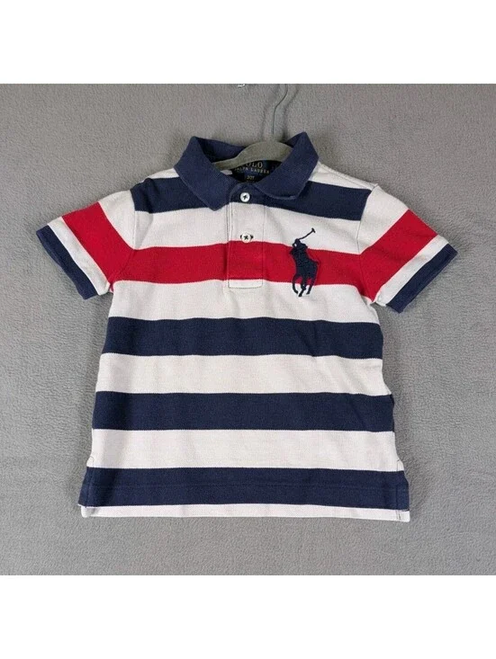 Polo Ralph Lauren Boys 2T White Navy Red Stripe Big Pony Polo Shirt Classic