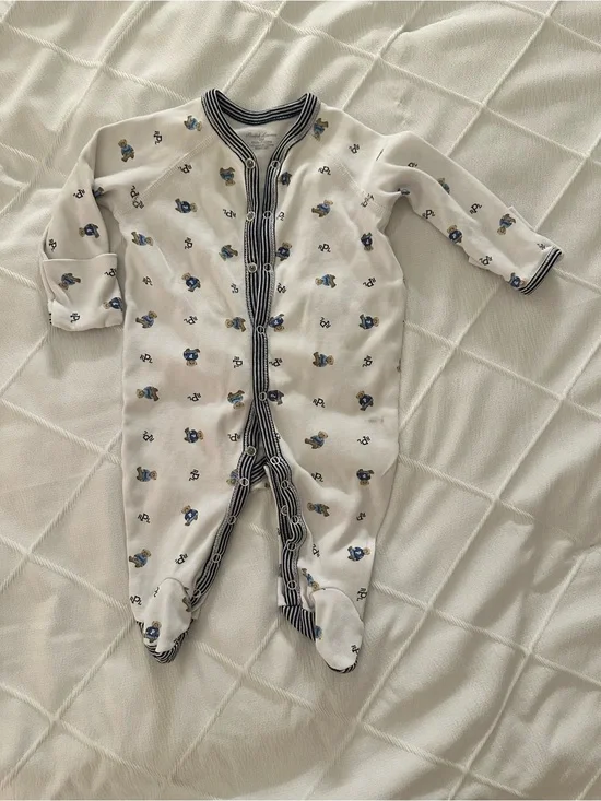 Ralph Lauren White Footed One-Piece with Navy Trim and Blue Bear Prints