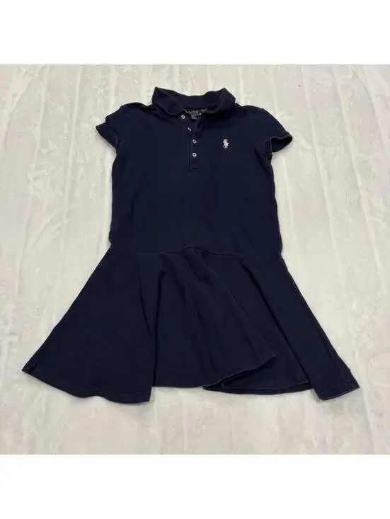 Polo Ralph Lauren Girls M 8-10 Navy Cotton Blend Polo Dress Preppy Pleated Skirt
