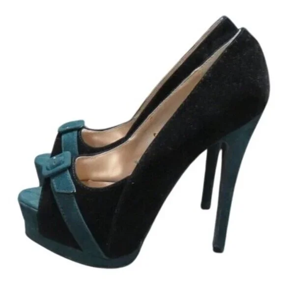 Qupid Retro Black & Green Suede Leather Peep Toe Platform Heels with buckles
