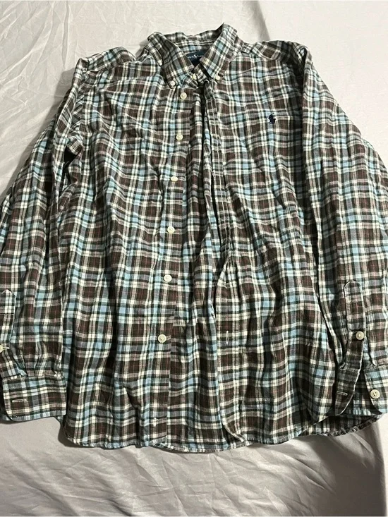 Ralph Lauren Plaid Button-Up Shirt in Brown, Light Blue & Cream Size XL 18/20