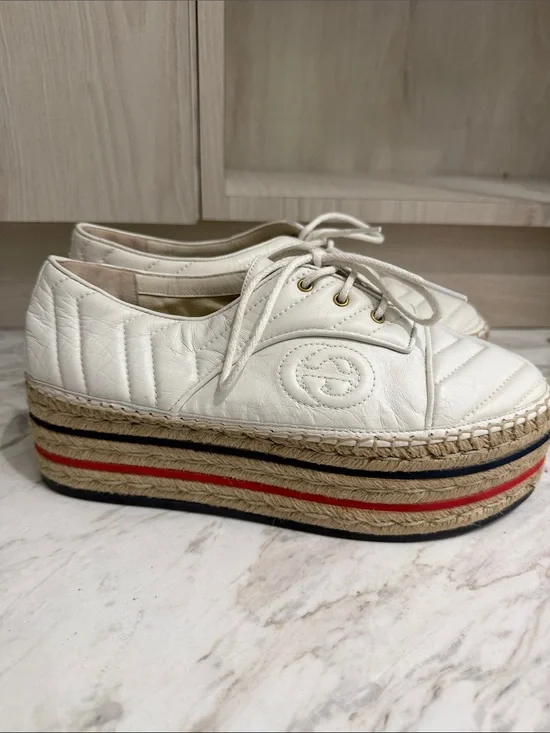 Gucci White Quilted Leather Platform Espadrille Sneakers with Red & Navy Stripes