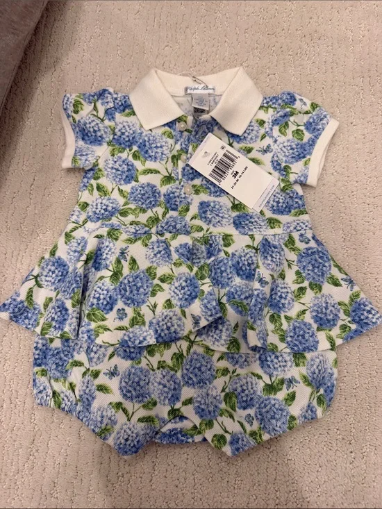 Ralph Lauren White Polo Bubble Romper with Blue Floral Hydrangea Print