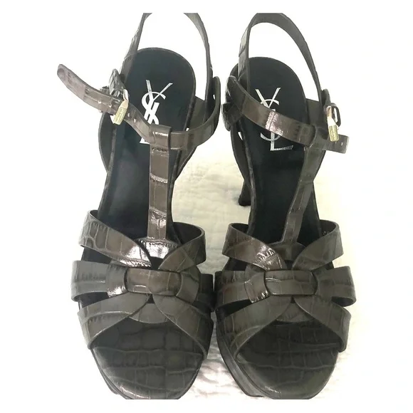 Yves Saint Laurent Brown Croc-Embossed Leather Platform Sandals