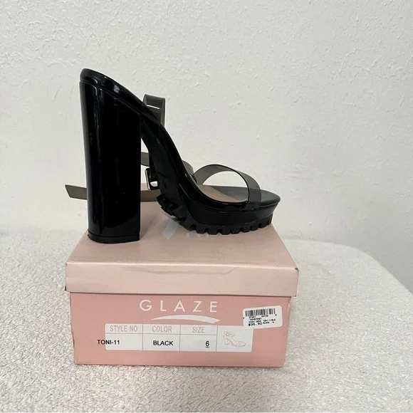 GLAZE Black Platform 5” High Block Heel Ankle Strap Lug Soles Sandals Size 6 NIB
