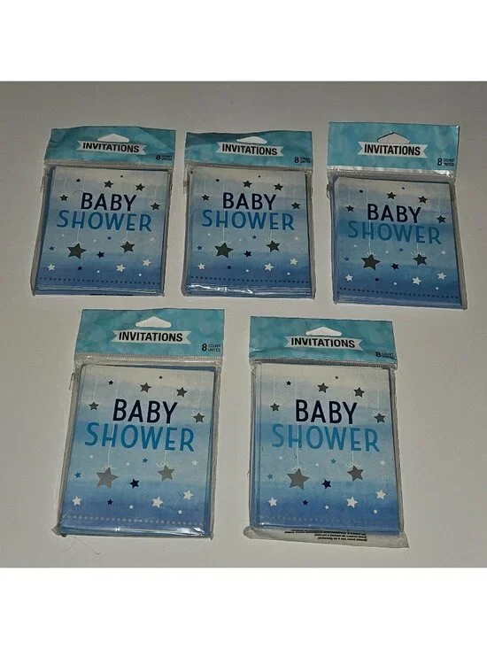 NEW 5 Pkgs Baby Shower Invitations (8 per pack) Blue Baby Boy Silver Stars