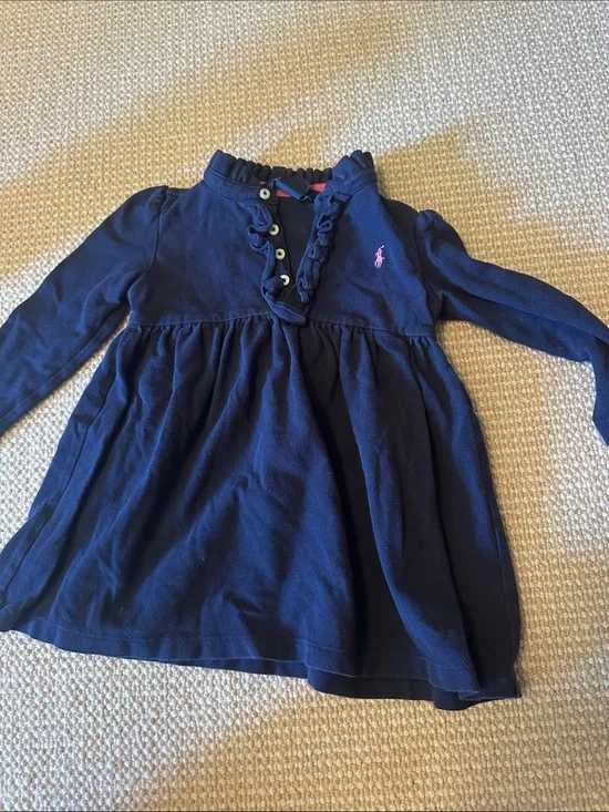 Ralph Lauren Navy Long-Sleeve Ruffle Polo Dress with Pink Pony