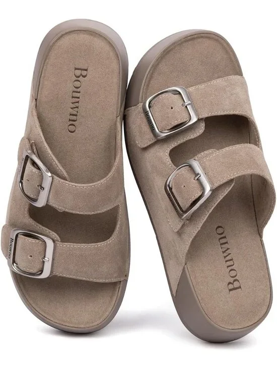 Women's Apricot Slide Buckle Genuine Leather Slip on Beach Platform Sandal Shoes