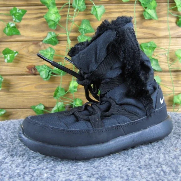 Nike Roshe One Hi PS Kids Toddler Black Winter‎ Snow Boots Faux Fur Lined 12