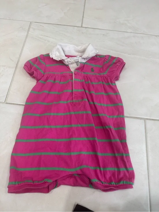 Ralph Lauren White-Collar Pink & Green Striped Polo Romper