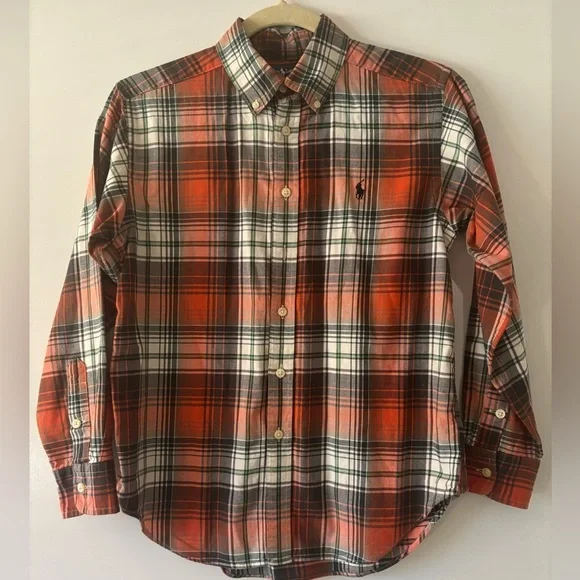 Polo Ralph Lauren Burnt Orange Plaid Boy’s Casual Long Sleeve Shirt Sz Med