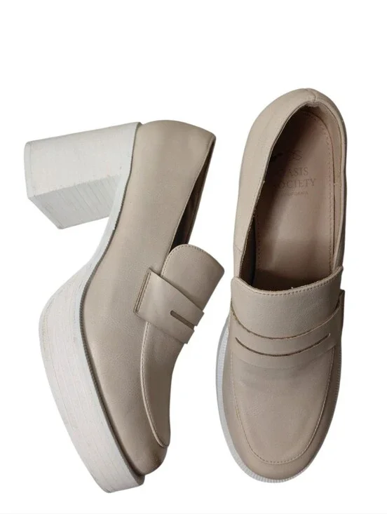 Oasis Society Hannah Cream Platform Penny Loafers with Chunky Block Heel Sz 8.5