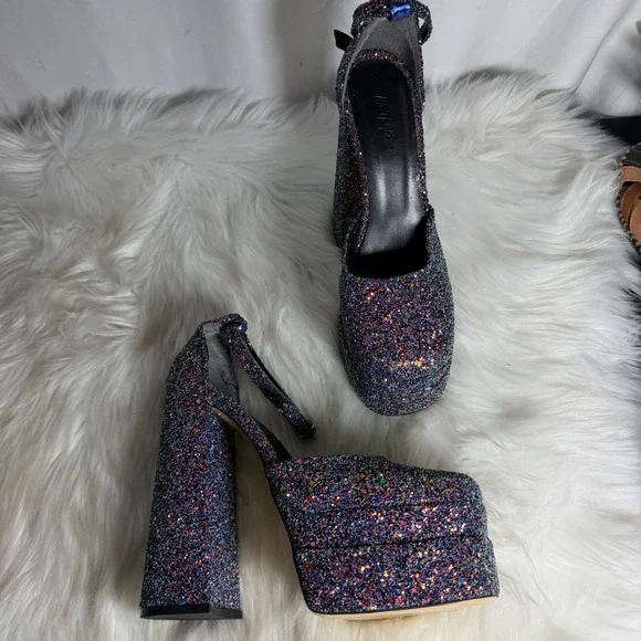 Nasty‎ Gal Multi Color Glitter Platform Heels Block Square Toe Ankle Strap 39