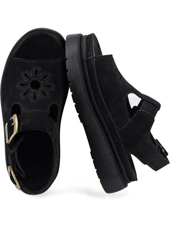 Women's Black Suede Open Toe Flower Decoration Fisherman Platform Sandal Shoes