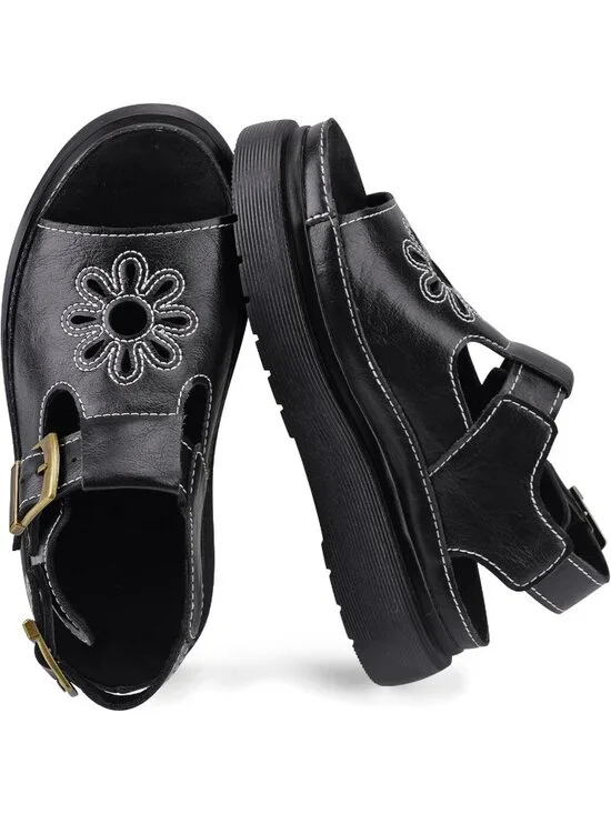 Women's Black Flat Open Toe Flower Decoration Fisherman Platform Sandal Shoes