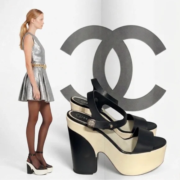 Authentic Chanel black leather signature luxury designer platform sandals sz 9