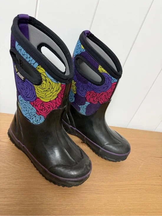 Bogs Kids Black Rain Boots with Purple, Pink, Blue & Yellow Floral Upper