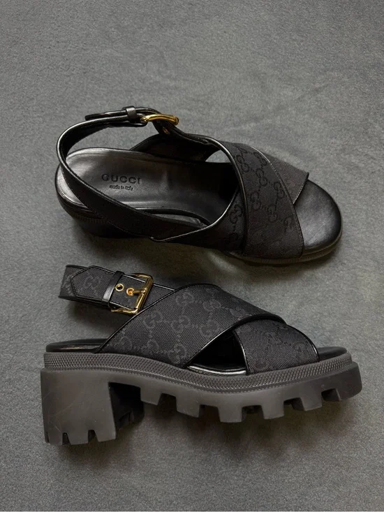 Gucci Black Platform Chunky Sandals with Gold Buckle