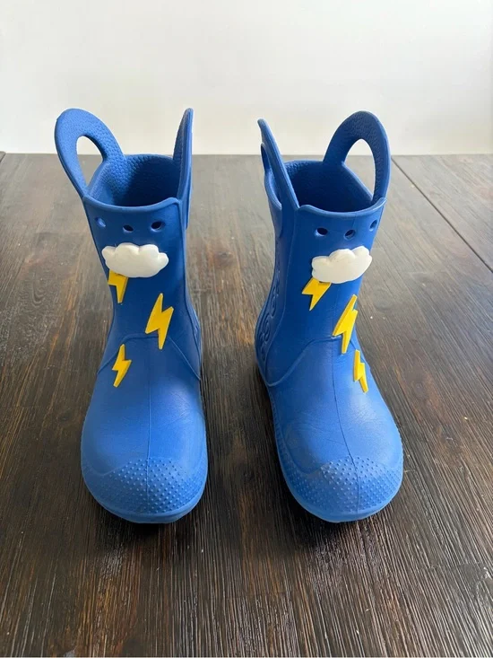 CROCS Blue Kids Rain Boots with Yellow Lightning & White Cloud