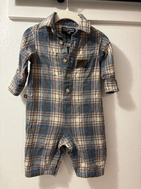 Ralph Lauren Infant Boys Sz 6M Blue Plaid Flannel One Piece Jumpsuit