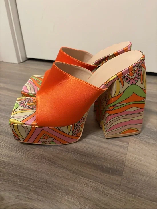 Orange Platform Mule Heels with Retro Pattern
