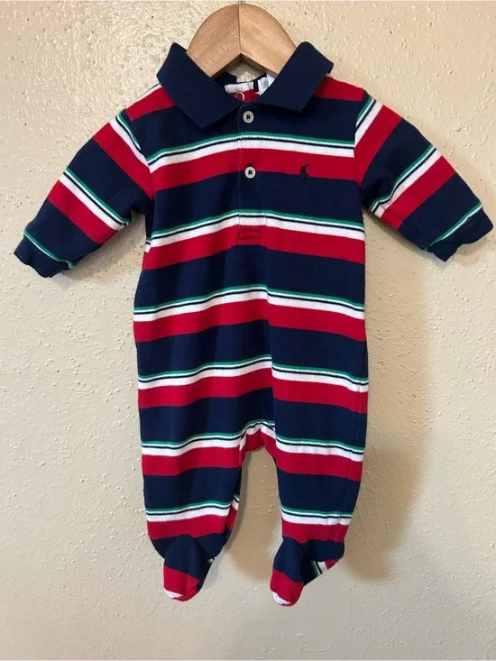 Ralph Lauren Navy, Red & Green Striped Footed One-Piece