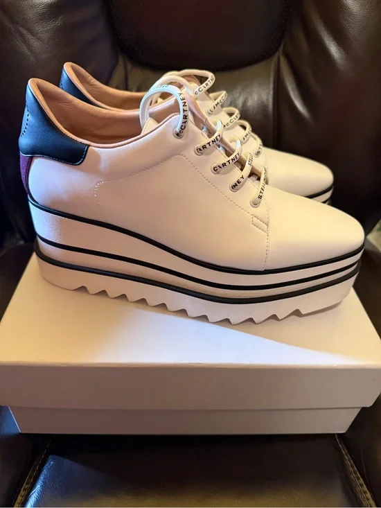 Stella McCartney White Platform Lace-Up Sneakers with Black & Navy Accents