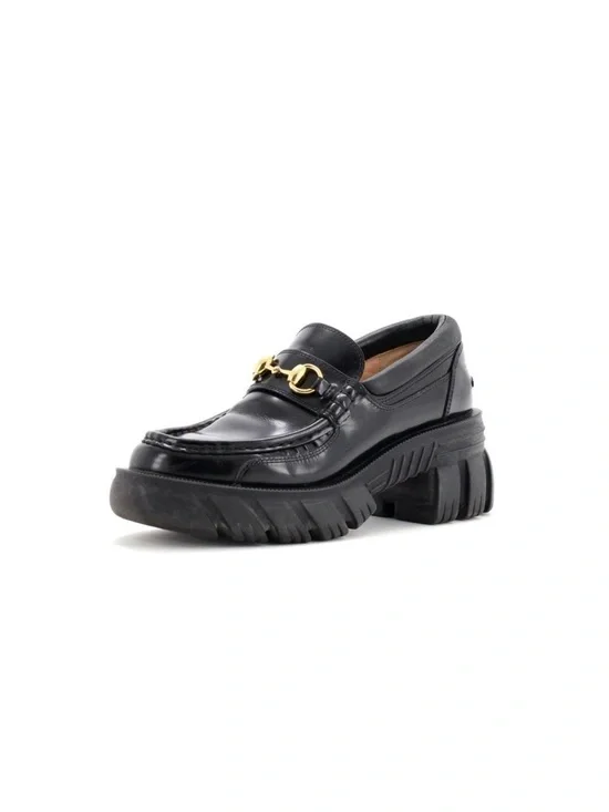 Gucci Black Leather Platform Loafer with Gold Horsebit