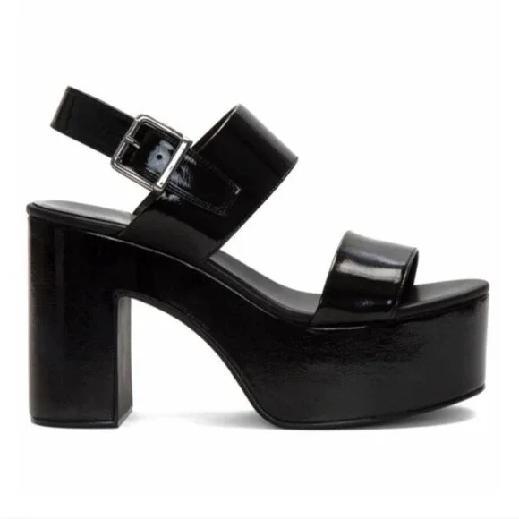Jeffrey Campbell Moody Black Patent Platform Block Heel Sandals, Sz 9.5