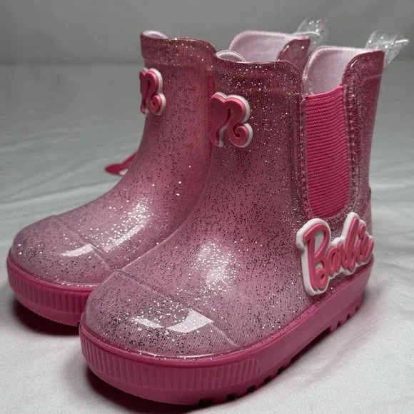 Barbie Pink Glitter Rain Boots Toddler Girls‎ Size 4 Waterproof Cute
