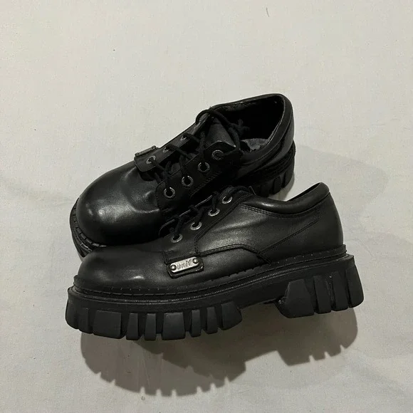Unif Womens Black Leather Round Toe Lace Up Low Top Chunky Platform Shoes Sz 8