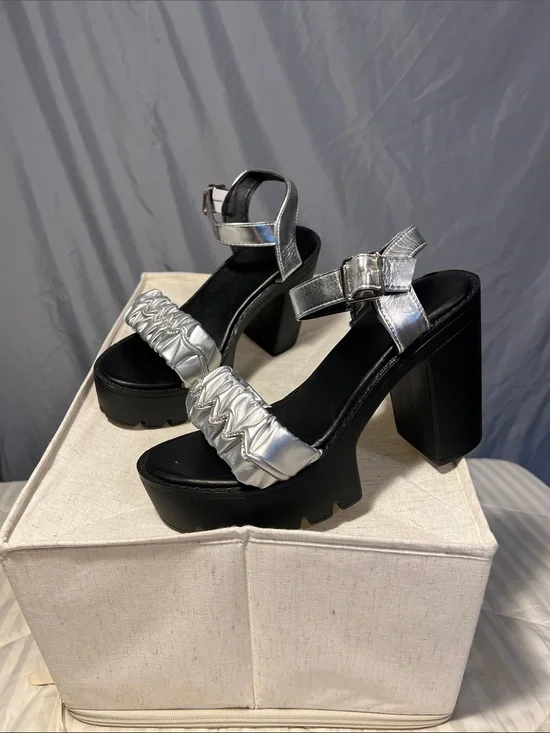SHEIN Silver Ruched Platform Block Heel Sandals