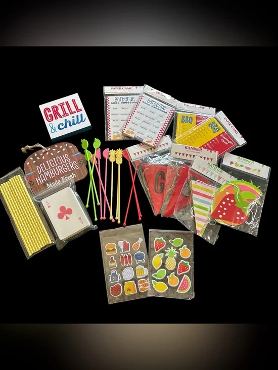 Summer BBQ Party Supply Kit 26 Piece Lot Banners, Games, Jumbo Cards, Decor New