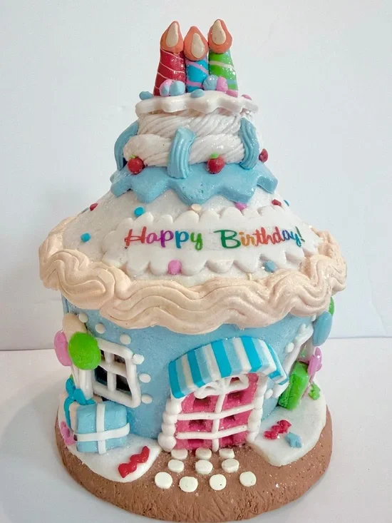 Valerie Parr Hill Happy Birthday Gingerbread House Lighted Decoration 7”-Works